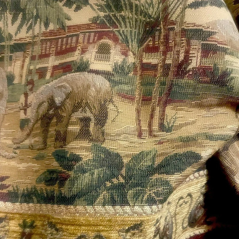 Vintage Chenille Monkeys & Elephants Heavy Tapestry Fabric in Green & Brown